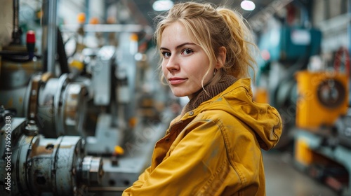 Woman Standing in Factory Observing Machinery