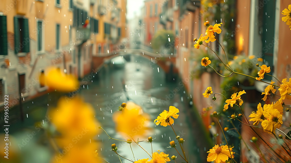Blurred Image of Blooming Streets of Post-Covid Venice, Serene Venetian Cityscape with Blossoming Flowers, Tranquil Urban Scene After Pandemic, Venice Travel Destinations, Generative AI

