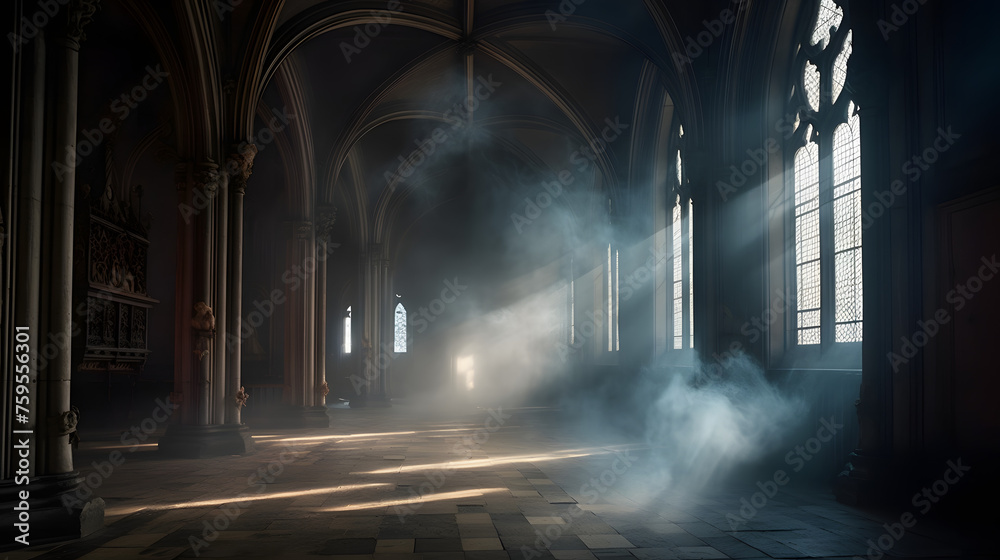 In a vast, dimly lit gothic chamber, the atmosphere is thick with abstract renaissance elements, creating an empty yet intriguing space where light and smoke dance