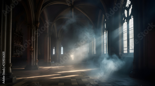 In a vast, dimly lit gothic chamber, the atmosphere is thick with abstract renaissance elements, creating an empty yet intriguing space where light and smoke dance © Oleksandr