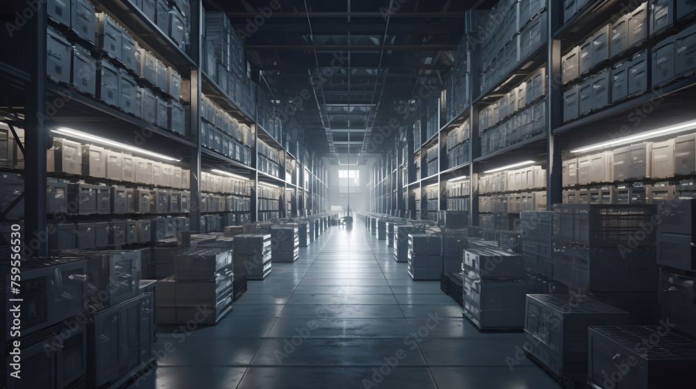 warehouse, an expansive storage facility housing numerous rows of stacked boxes and merchandise