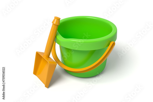 3D rendered green bucket with orange spade photo