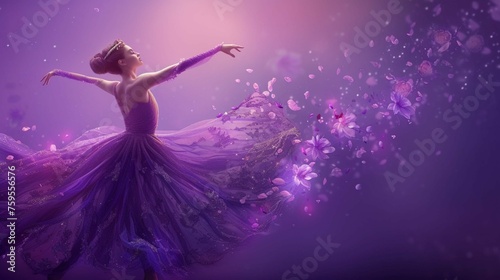 Beautiful ballerina in a long purple floral dress dancing. Vector illustration, tiptoe pose, ballet performer