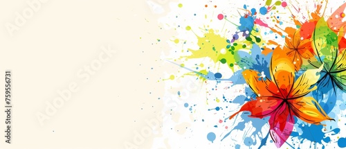  a multicolored flower on a white background with splats of paint on the bottom of the image.