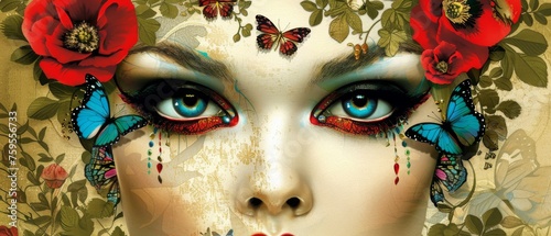  a close up of a woman's face with flowers and butterflies on her face and a butterfly on her nose.