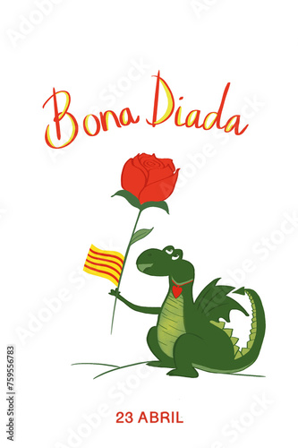 Text Bona Diada saint jorge day in Catalan with dragon holding a rose and catalonia flag on white background. Tradition of giving roses and books, 23th April. photo