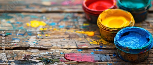  a group of paint buckets sitting on top of a wooden table covered in lots of different colors of paint.