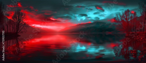  a painting of a red and blue sky over a body of water with trees in the foreground and a mountain in the background.