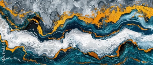  an abstract painting of blue, yellow, and white waves on a black and white background with a gold accent.