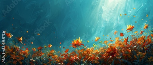  a painting of an underwater scene with flowers in the foreground and sunlight streaming through the water in the background.