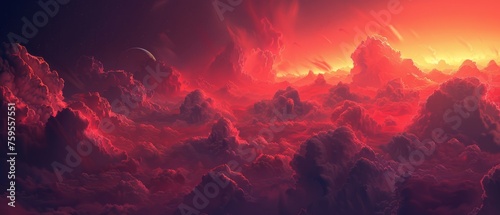  an orange and red sky filled with clouds and a star in the middle of the sky with a planet in the distance.