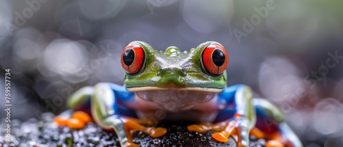  a close up of a frog s face with a blurry background and a blurry boke of the frog s eyes.