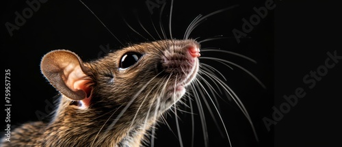  a close up of a rat's face with its mouth open and it's eyes wide open on a black background. © Jevjenijs