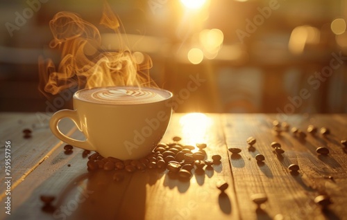 Steaming cup of coffee with artistic latte foam art on a rustic wooden table, coffee beans scattered alongside