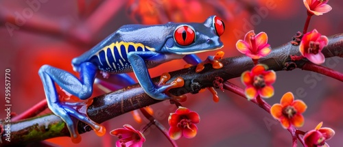  a blue frog with red eyes sitting on a branch of a tree with red and yellow flowers in the background.