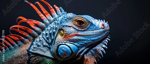  a close up of a lizard s head with red and blue stripes on it s body and a black background.