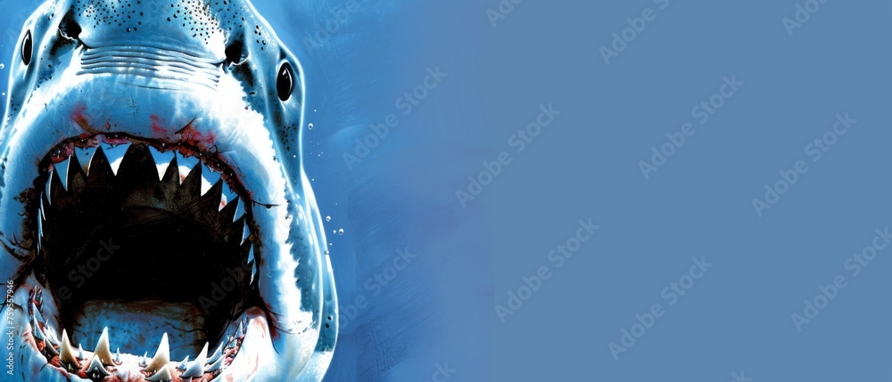  a shark with it's mouth open and it's mouth wide open and it's mouth wide open. - obrazy, fototapety, plakaty 