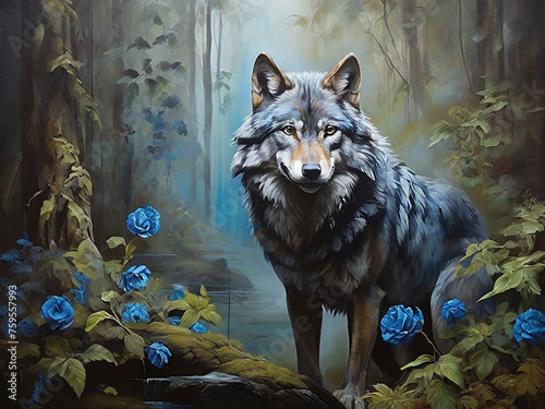 Blue Wolf in the Forest Painting