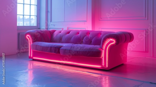 A pink couch with neon lights on it. The couch is in a room with white walls and a window