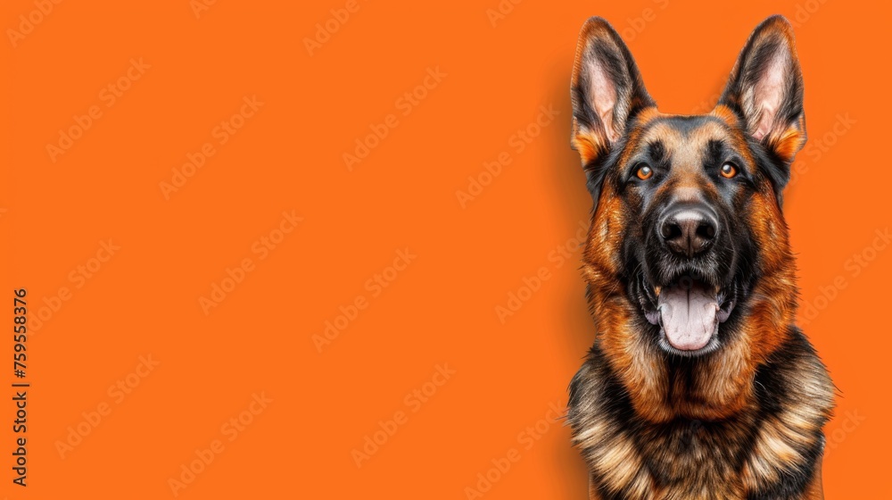  a close up of a dog's face with its mouth open and it's tongue out on an orange background.