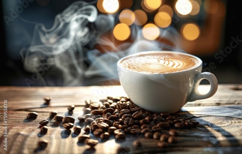 A warm  inviting cup of coffee emits steam on a rustic wooden table amidst scattered coffee beans  with a bokeh light backdrop