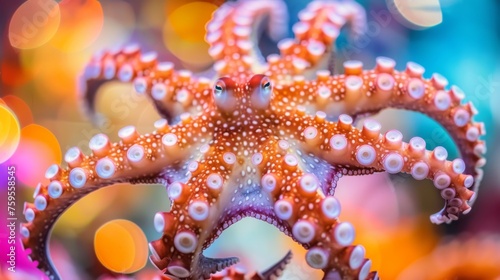  a close up of an orange and white starfish with bubbles on it's body and a blurry background. © Jevjenijs