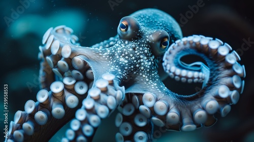  a close up of an octopus s head on a dark background with bubbles in the water and bubbles in the air.