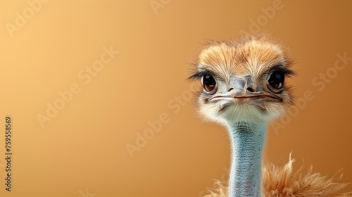  a close up of an ostrich's head with a light brown back ground and a light orange wall in the background.