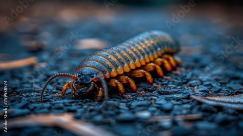 a close up of a bed bug crawling on a bed of black and orange dirt with a blue sky in the background.