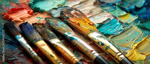  a group of paintbrushes sitting on top of a table covered in lots of different colors of acrylic paint.