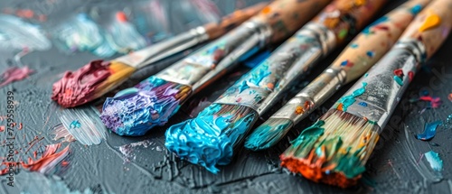  a group of paintbrushes sitting on top of a table covered in lots of different colored paintbrushes.
