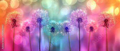  a group of dandelions in front of a multicolored background with a blurry image of the dandelions.