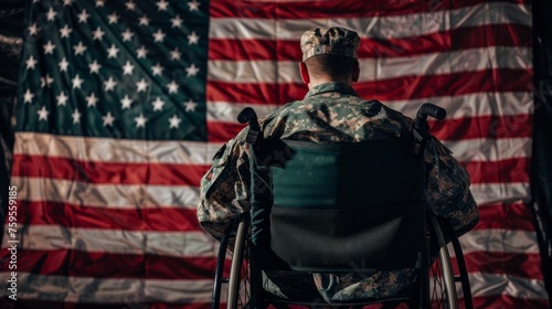 Veteran in wheelchair against American flag backdrop © Maestro