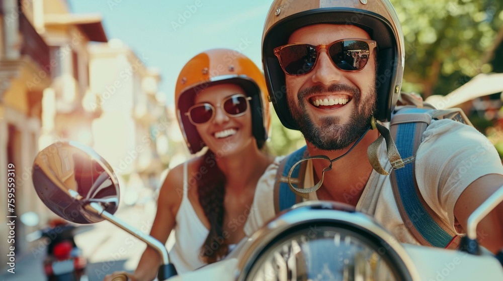 Smiling couple driving a vespa or scotter with helmet and sunglasses sightseeing in europe. Vacation and travel