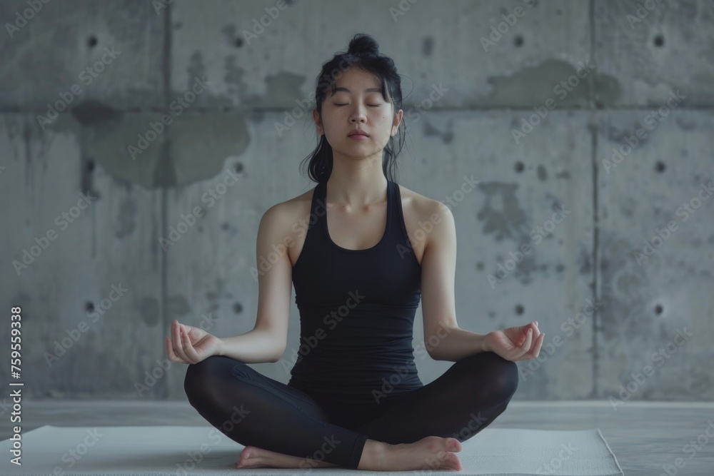 An asian woman is sitting cross legged on a mat in a room with a concrete wall. She is in a meditative state An asian woman is sitting cross legged on a mat in a room with a concrete wall. She is in a meditative state