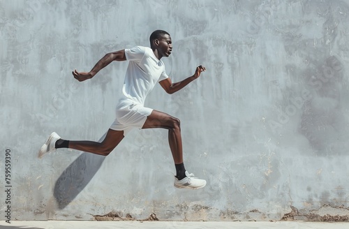 A black man is running on a wall with a shadow behind him. Concept of movement and energy, as the man leaps into the air. The contrast between the man's white shirt and shorts
