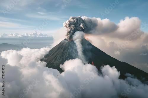 A volcano is spewing smoke and ash into the sky. The clouds are white and fluffy, and the sky is blue. The scene is dramatic and powerful, with the volcano towering over the landscape photo