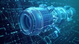 Advanced turbine engine blueprint in holographic design illustration