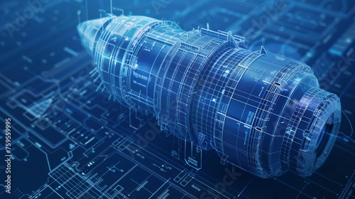 Advanced turbine engine blueprint in holographic design illustration