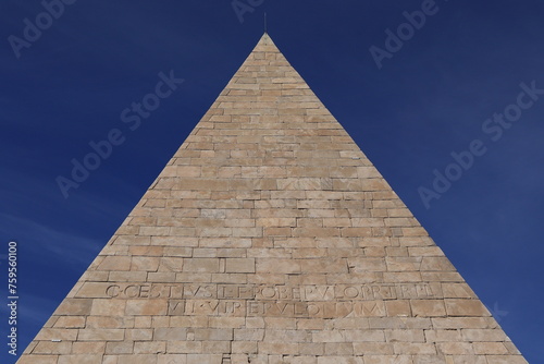 Pyramid of Cestius Detail against a Blue Sky in Rome, Italy