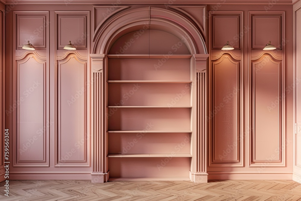 modern carmine empty bookshelf on light brown wooden wall with light modern carmine empty bookshelf on light brown wooden wall with light