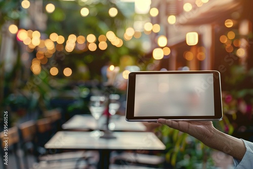 Waiter hand holding an empty digital tablet with city © Ammar