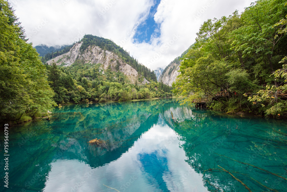 Beautiful view of the blue lake of Wolong Sea in Jiuzhaigou, Sichuan, China