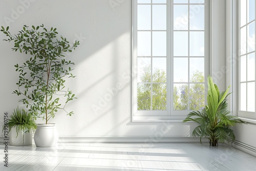 White empty room with summer landscape in window. Scandinavian interior design. 3D illustration