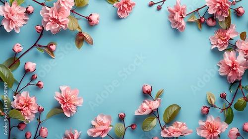 Sweet modern Kara flowers on pastel blue background with space in the center 