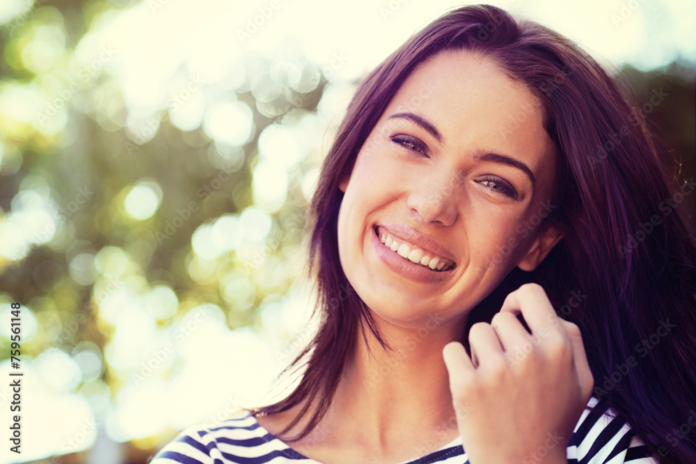 Woman, portrait and smile with nature, sunshine and park for happiness and wellness. Person, joy and bokeh with closeup, glow and happy for summer relax and adventure outside in garden with trees Woman, portrait and smile with nature, sunshine and park for happiness and wellness. Person, joy and bokeh with closeup, glow and happy for summer relax and adventure outside in garden with trees