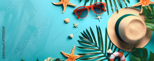 Top view flat lay of a summer background featuring starfish, oranges, beach hat, glasses, and palm leaves. A blue turquoise summer composition with space for copy or text.