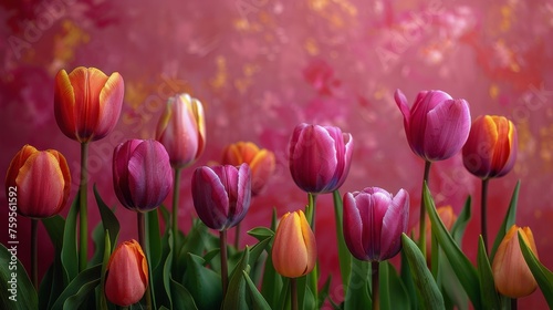 Group of Pink Tulips Against Pink Background