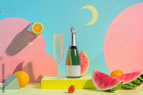 summer, modern and minimalistic still life featuring a champagne bottle, watermelon,coctails, and geometric shapes on a pastel colored background in pink, yellow, blue, and green colors photo