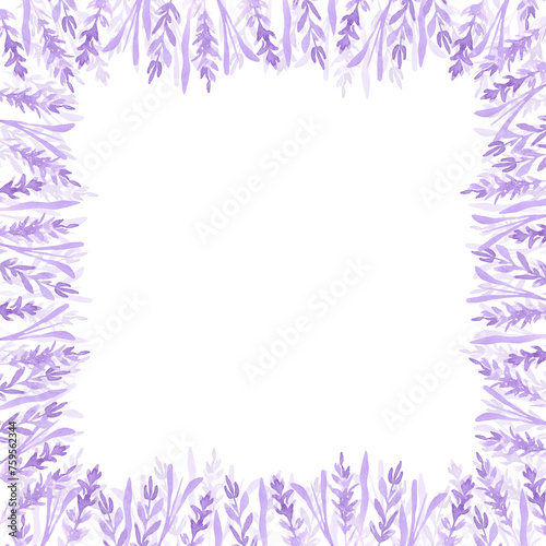 Hand drawn watercolor abstract lavender frame border isolated on white background. Can be used for cards, invitation, poster and other printed products.